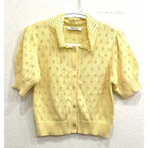 Double Zero Yellow Crochet Short Sleeve Button up Cardigan Sweater Spicy Small